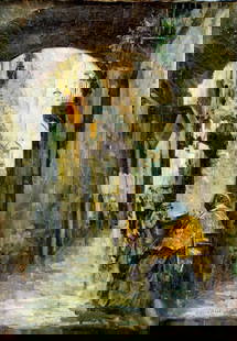 Gustavo Pisani (Italy,1877-1948) oil painting antique: ARTIST: Gustavo Pisani (Italian, 1877 - 1948) TITLE: Italian Cityscape MEDIUM: oil on canvas CONDITION: Some small paint losses. Some craquelure. No visible inpaint under