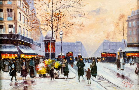 Vintage 20C European oil painting: ARTIST: - (Europe, 20 century) TITLE: Sunset Paris Cityscape, France YEAR: 1992 MEDIUM: oil on canvas CONDITION: Very good. No visible inpaint under