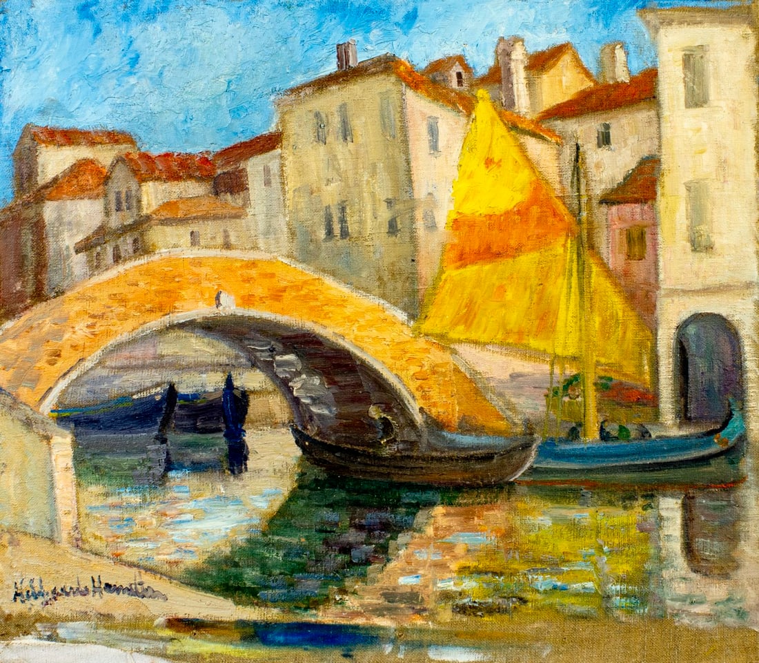 Hildegarde Hamilton (FL,VA,1898-1970) oil painting: ARTIST: Hildegarde Hume Hamilton (Florida, Virginia, 1898 - 1970) TITLE: Venice Canal Cityscape with Sailboat MEDIUM: oil on canvas CONDITION: Unstretched (In-House stretc