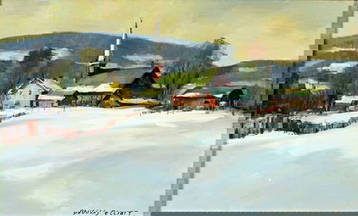 Douglas Ferguson Elliott (Canada,1916-2012) oil painting: ARTIST: Douglas Ferguson Elliott (Canadian, 1916 - 2012) TITLE: Near Inglewood, Ontario, Canada (titled on verso) MEDIUM: oil on board CONDITION: Overall good. No visible
