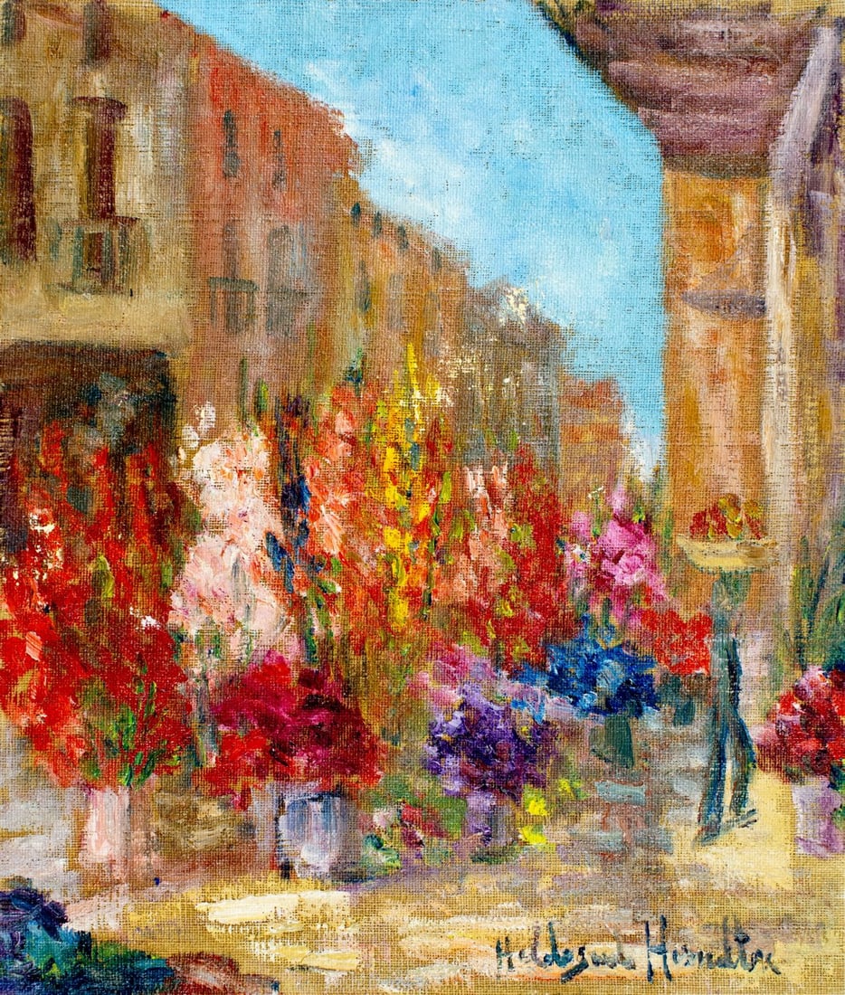 Hildegarde Hamilton (FL,VA,1898-1970) oil painting: ARTIST: Hildegarde Hume Hamilton (Florida, Virginia, 1898 - 1970) TITLE: Flower Market Scene MEDIUM: oil on canvas CONDITION: Missing a few flakes of paint. Minor craquelu