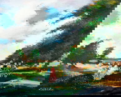 Joan Giralt Lerin (Spain,1907-?) oil painting: ARTIST: Joan Giralt Lerin (Spanish, 1907 - ???) TITLE: Landscape with Horse Carriage MEDIUM: oil on canvas CONDITION: Unstretched (In-House stretching available). Few mino
