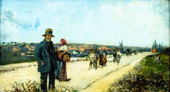 Tito Pellicciotti (Italy,1872-1943) oil painting antique: ARTIST: Tito Pellicciotti (Italian, 1872 - c. 1943) TITLE: Travelers on Road MEDIUM: oil on board CONDITION: Crack 3" long to right edge. Few inpaitings on the sky. Minor