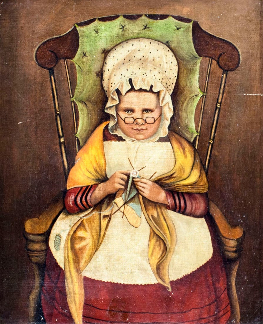 Antique 19C American oil painting: ARTIST: - (American, 19 century) TITLE: Knitting Woman in Chair MEDIUM: oil on canvas CONDITION: One small patch. Few small paint losses. Minor craquelure. No visible inpa