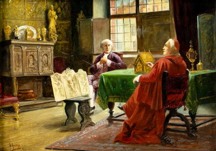 August Hermann Knoop (German,1856-1919) oil painting antique: ARTIST: August Hermann Knoop (Germany, 1856 - 1919) TITLE: Interior Scene MEDIUM: oil on board CONDITION: Some faint scratches in the upper left quadrant. One small paint