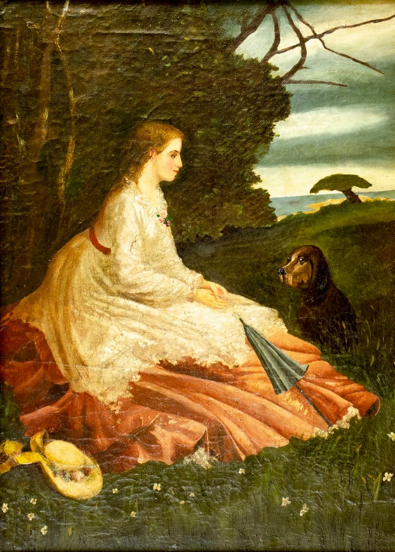 Antique 19C European oil painting: ARTIST: - (Europe, 19 century) TITLE: Lady with Dog MEDIUM: oil on canvas CONDITION: Relined. Few minor paint losses. Some craquelure. Some scattered small inpaintings.