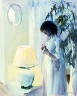 H N John (Europe,20C) oil painting: ARTIST: H N John (European, 20 century) TITLE: Woman by the Night Light MEDIUM: oil on canvas CONDITION: Unstretched (In-House stretching available). Very good. No visible i