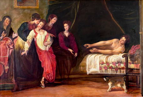 AFTER Giovanni Manozzi (Italy,1592-1636) oil painting: ARTIST: P Palmieri (Italian, mid 20 century) AFTER Giovanni Manozzi (Italian, 1592 - 1636) NAME: The Wedding Night YEAR: 1955 MEDIUM: oil on canvas CONDITION: One scratch