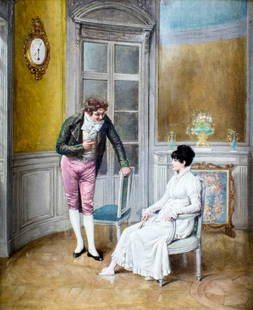 Paul Joseph Leyendecker (France,1842-1891) oil painting antique: ARTIST: Paul Joseph Leyendecker (French, 1842 - 1891) TITLE: The Conversation YEAR: 1879 MEDIUM: oil on canvas CONDITION: Relined. Very minor craquelur
