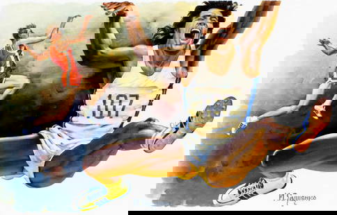Ivan Sushchenko (Russia,1930-?) oil painting: ARTIST: Ivan Akimovich Sushchenko (Russian, 1930 - ???) TITLE: Worlds Salute to Olympics 1992 - Triple Jump, Mens (titled on verso) YEAR: 1991 MEDIUM: oil on canvas. Canv