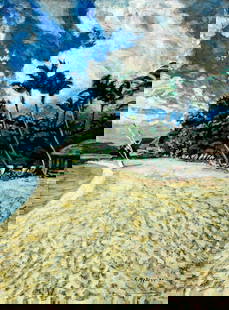 Evelyn Metzger (NY,Brazil,1911-2007) oil painting: ARTIST: Evelyn Borchard Metzger (New York, Brazilian, 1911 - 2007) TITLE: Coastal Landscape, Bora Bora (titled on verso) YEAR: 1997 MEDIUM: oil on board CONDITI