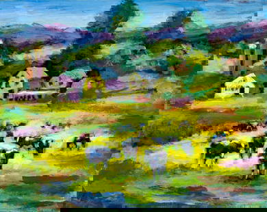 John Reilly (NY,NJ,1942-2021) oil painting: ARTIST: John Reilly (New York, New Jersey, 1942 - 2021) TITLE: Farm Landscape with Cows MEDIUM: oil on board CONDITION: Few minor scratches/paint losses. No visible inpai