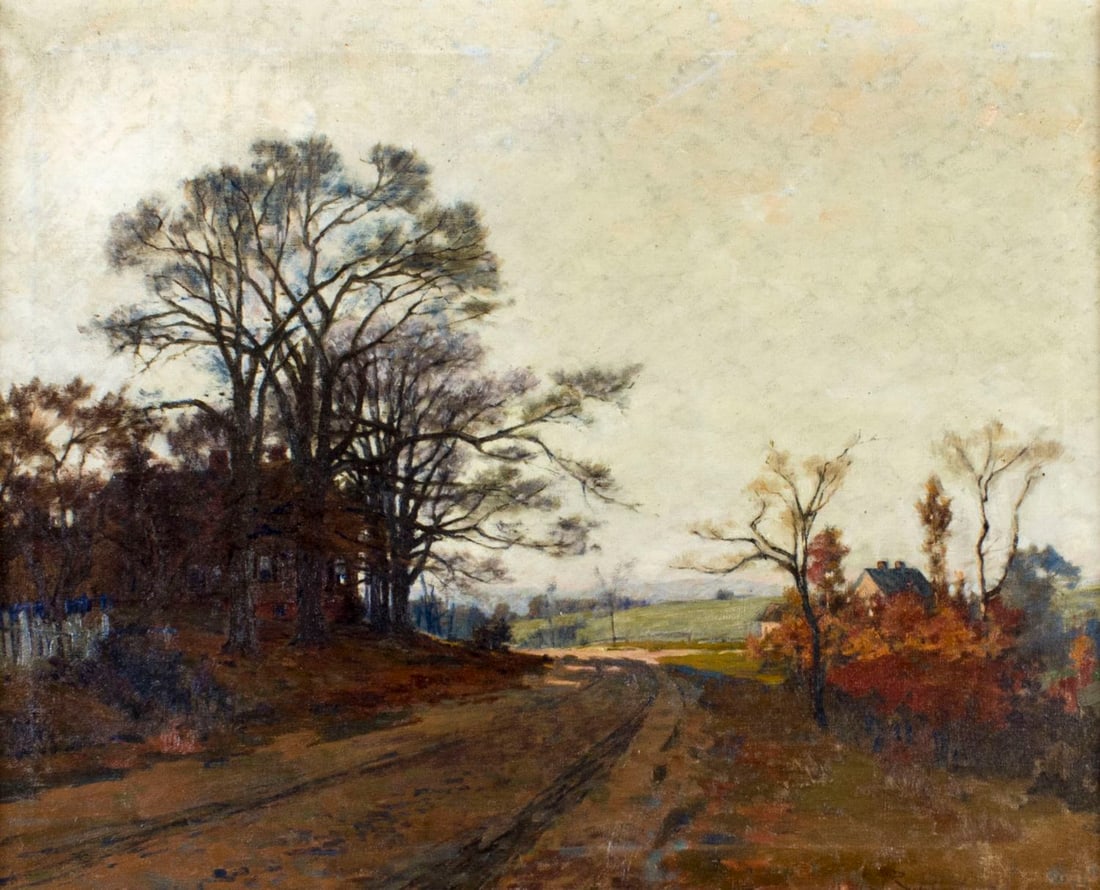 Robert Nisbet (CT,RI,1879-1961) oil painting: ARTIST: Robert Hogg Nisbet (Connecticut, Rhode Island, 1879 - 1961) NAME: Autumn Landscape MEDIUM: oil on canvas CONDITION: Very minor craquelure. No visible inpaint under UV light. SIGH