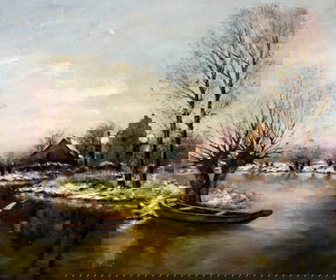 F Kaiser (German,20C) oil painting: ARTIST: F Kaiser (Germany, 20 century) TITLE: Country River Landscape with Boat MEDIUM: oil on canvas CONDITION: Unstretched (In-House stretching available). Overall good. N
