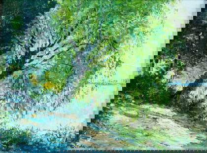 Karl Mattern (IA,KS,1892-1969) oil painting: ARTIST: Karl Mattern (Iowa, Kansas, 1892 - 1969) TITLE: Landscape MEDIUM: oil on canvas CONDITION: Missing a few flakes of paint. Some craquelure. No visible inpaint under