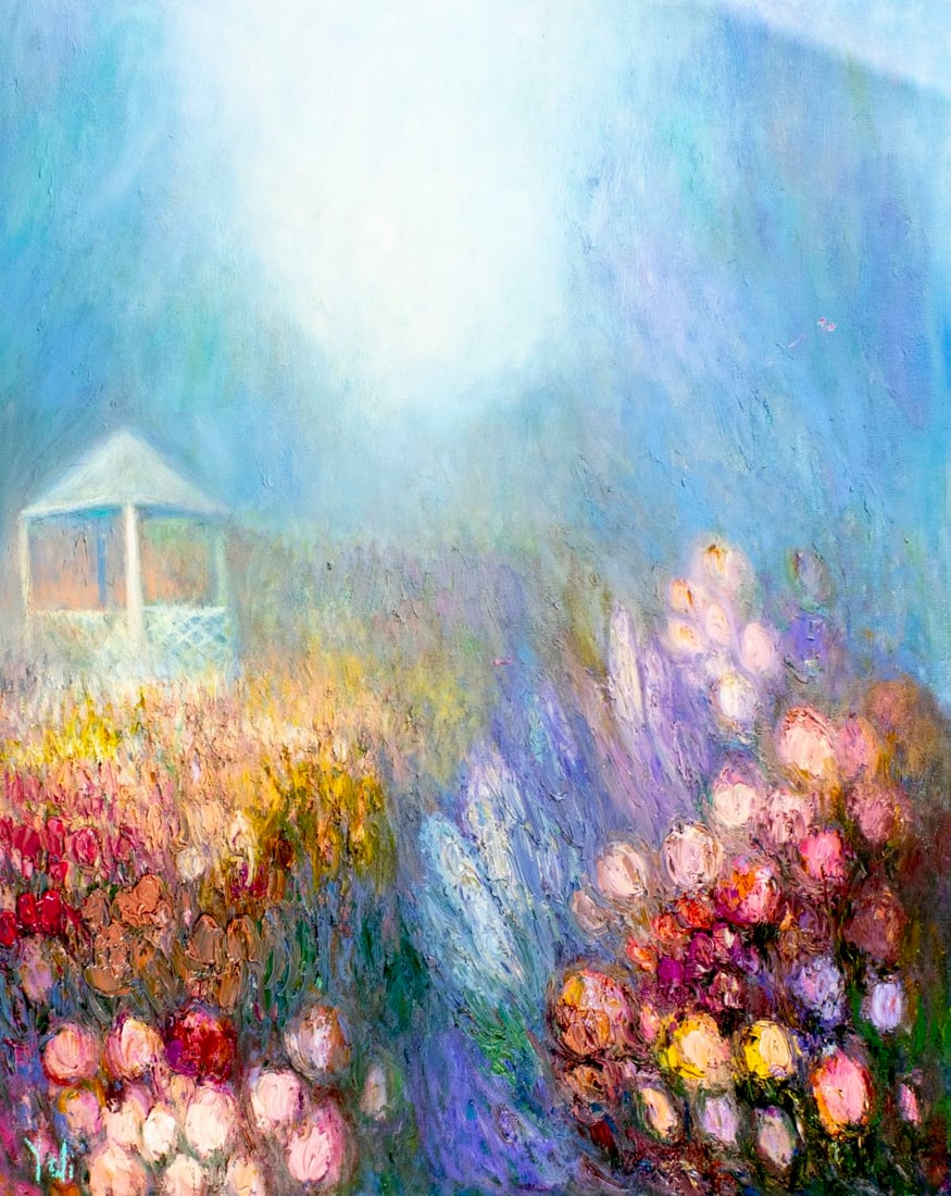 Yolanda Razzeto (Peru,1948-?) oil painting: ARTIST: Yolanda Razzeto (Peruvian, 1948 - ???) TITLE: Flower Garden Landscape with Gazebo MEDIUM: oil on canvas CONDITION: Unstretched (In-House stretching available). Ove