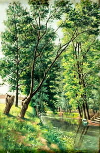 C Pannier (France,early 20C) oil painting antique: ARTIST: C Pannier (French, early 20 century) TITLE: River Landscape YEAR: 1906 MEDIUM: oil on board CONDITION: Some small paint losses mostly along edges