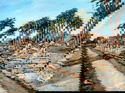 Evelyn Metzger (NY,Brazil,1911-2007) oil painting: ARTIST: Evelyn Borchard Metzger (New York, Brazilian, 1911 - 2007) TITLE: Landscape with Ruines, Egypt YEAR: 1997 MEDIUM: oil on board CONDITION: Few s