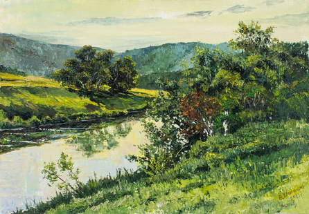Viktor Ilyushkin (Russia,b 1946) oil painting: ARTIST: Viktor Nikolayevich Ilyushkin (Russian, born 1946) TITLE: Landscape - By the River (titled on verso) YEAR: 2013 MEDIUM: oil on canvas CONDITION: