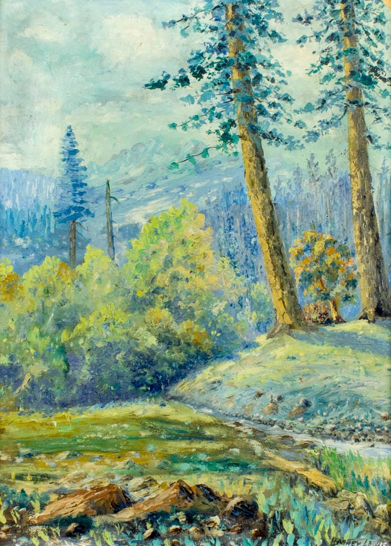 Barney Lewis (US,early 20C) oil painting antique: ARTIST: Barney Lewis (American, early 20 century) TITLE: Mountain Landscape MEDIUM: oil on board CONDITION: Some paint losses in corners and along edges. No visible inpaint