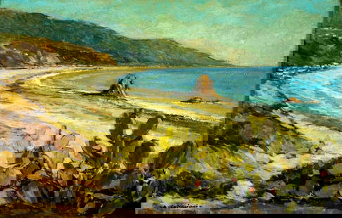 Attilio Castiglioni (Italy,1928-1990) oil painting: ARTIST: Attilio Castiglioni (Italian, 1928 - 1990) TITLE: Busto Arsizio Coastal Landscape, Varese, Italy (titled on verso) MEDIUM: oil on board CONDITION: Overall good. No
