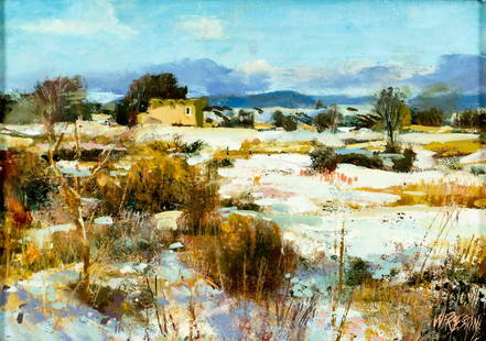 William E Preston (NM,ME,1930-2015) oil painting: ARTIST: William E Preston (New Mexico, Maine, 1930 - 2015) TITLE: January Afternoon (titled on verso) MEDIUM: oil on canvas board CONDITION: Overall good. No visible inpai