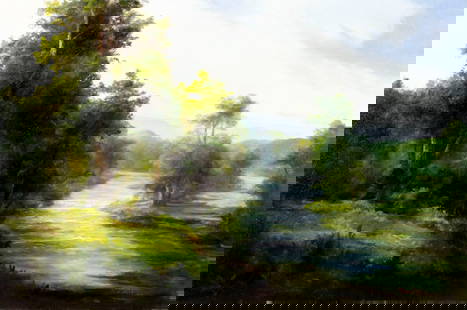 Ron Williams (TN,1947-2016) oil painting: ARTIST: Ron Williams (Tennessee, 1947 - 2016) TITLE: Forest Stream Landscape MEDIUM: oil on canvas CONDITION: Few minor scratches/paint losses. No visible inpaint under UV