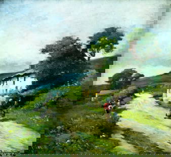 Edmund Aubrey Hunt (MA,UK,1855-1922) oil painting antique: ARTIST: Edmund Aubrey Hunt (Massachusetts, United Kingdom, 1855 - 1922) TITLE: Country Lane MEDIUM: oil on board CONDITION: Overall good. No visible inpaint under UV light