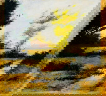 Kirk Tatom (NM,b 1955) oil painting: ARTIST: Kirk Tatom (New Mexico, born 1955) TITLE: January (titled on label) MEDIUM: oil on board CONDITION: Overall good. No visible inpaint under UV light. Wear to frame.