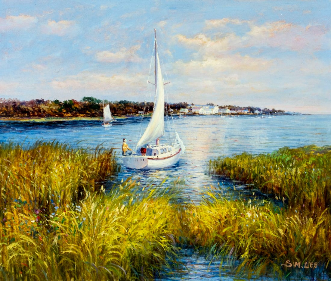 Sang M Lee (South Korea,b 1949) oil painting: ARTIST: Sang M Lee (South Korean, born 1949) TITLE: Lake Landscape with Sail Boat MEDIUM: oil on canvas CONDITION: Unstretched (In-House stretching available). Very good. No