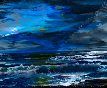 Viktor Ilyushkin (Russia,b 1946) oil painting: ARTIST: Viktor Nikolayevich Ilyushkin (Russian, born 1946) TITLE: Moonlit Seascape, Arkhipo-Osipovka, Russia (titled on verso) MEDIUM: oil on canvas CONDITION: Unstretched (