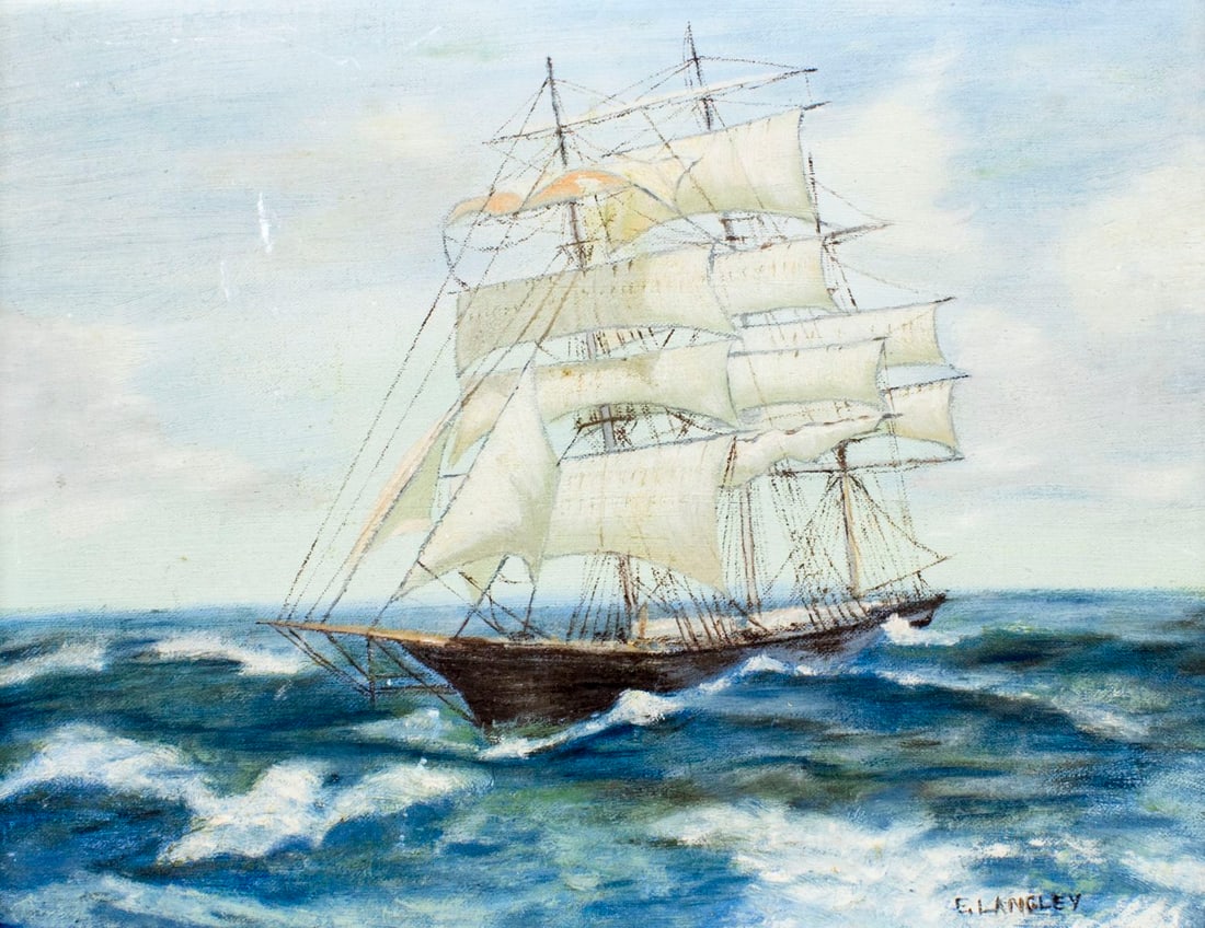 E Langley (US,mid 20C) oil painting: ARTIST: E Langley (American, mid 20 century) NAME: Sail Ship MEDIUM: oil on canvas board CONDITION: Few scrathes. No visible inpaint under UV light. SIGHT SIZE: 10 1/2 x 14 inches / 27 x