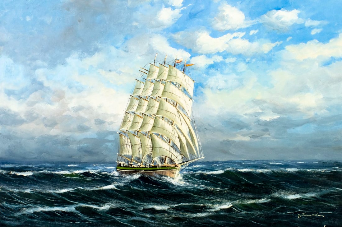 Gunter Seekatz (German,1928-?) oil painting: ARTIST: Gunter Seekatz (Germany, 1928 - ???) TITLE: Seascape with Sail Ship MEDIUM: oil on canvas CONDITION: Unstretched (In-House stretching available). Few small paint l