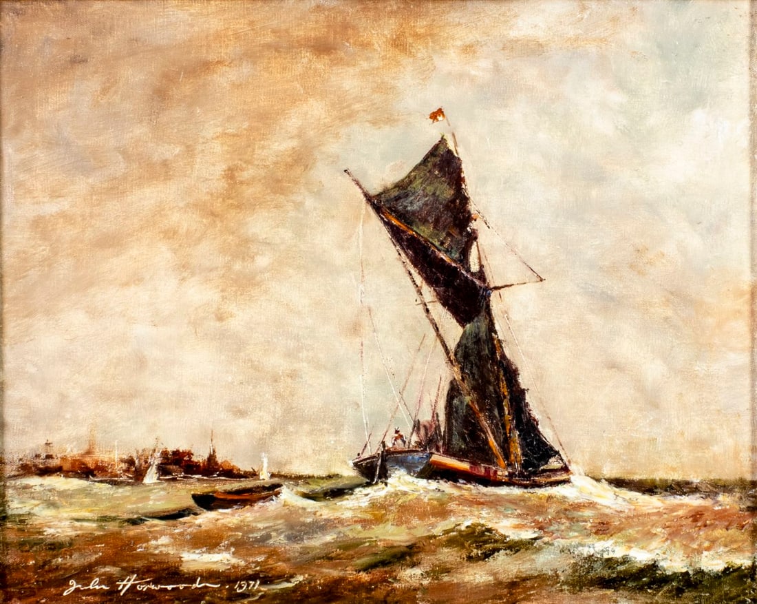 John Horwood (UK,1934-1994) oil painting: ARTIST: John Anthony Horwood (United Kingdom, 1934 - 1994) TITLE: The Old Boat (titled on verso) YEAR: 1971 MEDIUM: oil on canvas CONDITION: Overall go