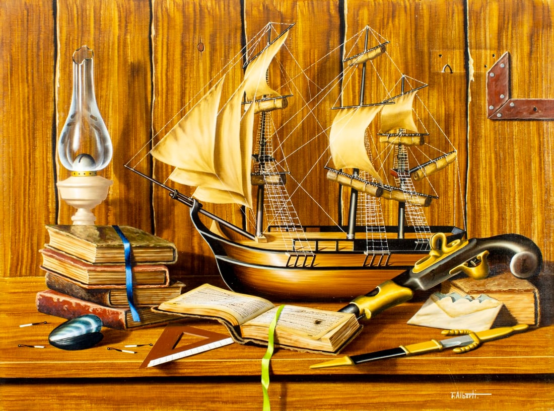 Francesco Alberti (Italy,1941-1996) oil painting: ARTIST: Francesco Alberti (Italian, 1941 - 1996) TITLE: Still Life with Ship Model MEDIUM: oil on canvas CONDITION: Unstretched (In-House stretching available). Few minor