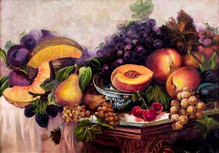 Antique early 20C American oil painting: ARTIST: - (American, early 20 century) TITLE: Still Life with Fruits MEDIUM: oil on canvas CONDITION: Minor flaking/paint losses. No visible inpaint under UV light. Minor