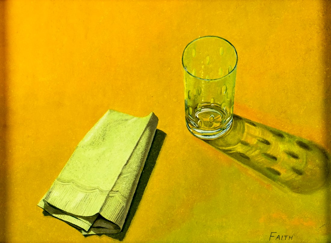 Faith (US,20/21C) oil painting: ARTIST: Faith (American, 20/21 centuries) TITLE: Still Life with Glass and Napkin MEDIUM: oil on board CONDITION: Overall good. No visible inpaint under UV light. Wear to fr