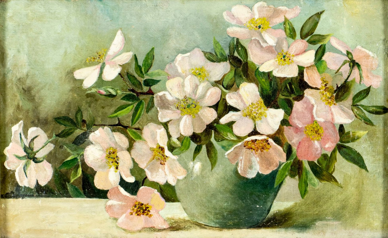 Antique early 20C American oil painting: ARTIST: - (American, early 20 century) TITLE: Still Life with Vase of Flowers MEDIUM: oil on canvas. Canvas applied to board. CONDITION: Some small paint losses mostly alo