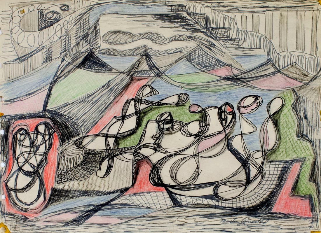 Martin Rosenthal (NY,MA,1899-1974) mixed media painting: ARTIST: Martin Rosenthal (New York, Massachusetts, 1899 - 1974) TITLE: Abstract Composition MEDIUM: mixed media on paper CONDITION: Some age toning. ART SIZE:</