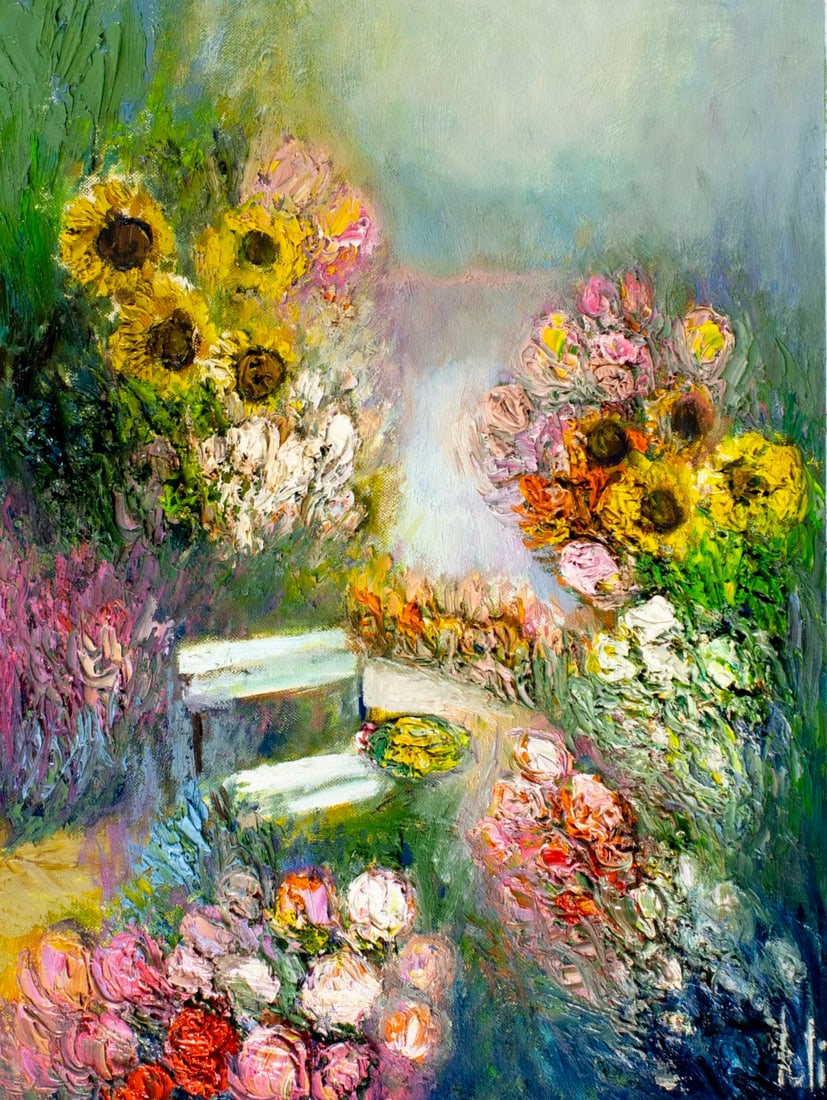 Yolanda Razzeto (Peru,1948-?) oil painting: ARTIST: Yolanda Razzeto (Peruvian, 1948 - ???) TITLE: Flower Garden Landscape MEDIUM: oil on canvas CONDITION: Unstretched (In-House stretching available). Some craquelure