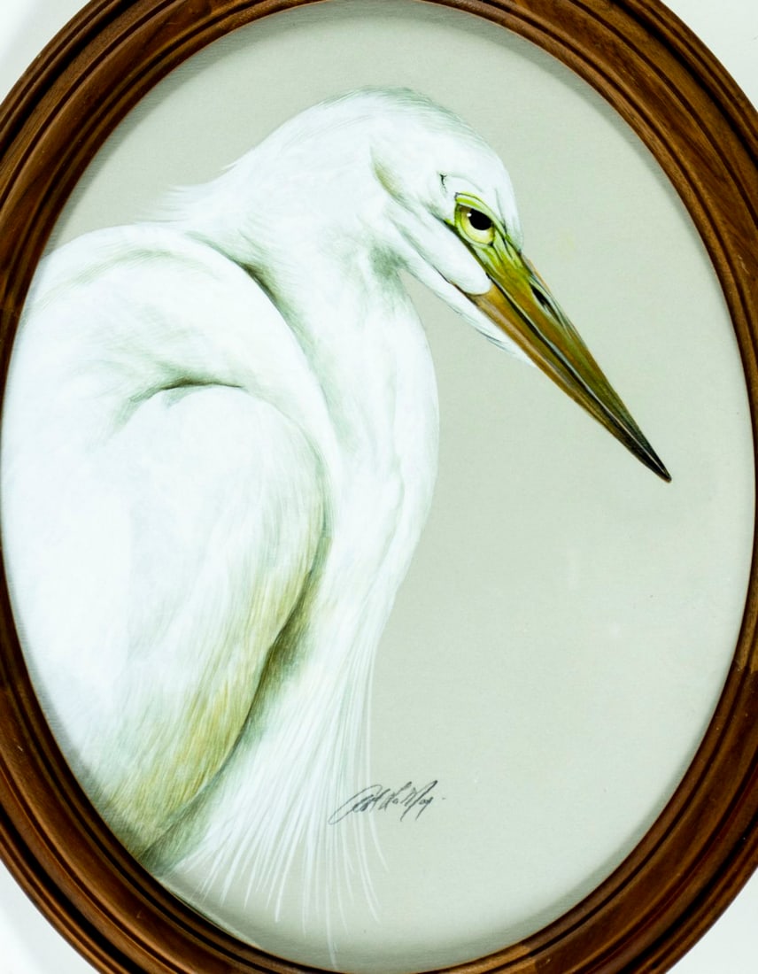Art LaMay (FL,PA,1938-?) gouache painting: ARTIST: Art LaMay (Florida, Pennsylvania, 1938 - ???) TITLE: Crane MEDIUM: gouache on paper CONDITION: Very good. Framed under glass. Wear to frame. ART SIZE:</