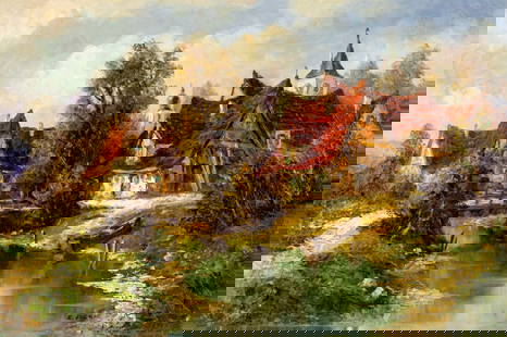 Ernst Jugel (German,1913-1985) oil painting: ARTIST: Ernst Jugel (Germany, 1913 - 1985) TITLE: Town Scene MEDIUM: oil on canvas CONDITION: One patch. Few minor paint losses. Some craquelure. No visible inpaint under