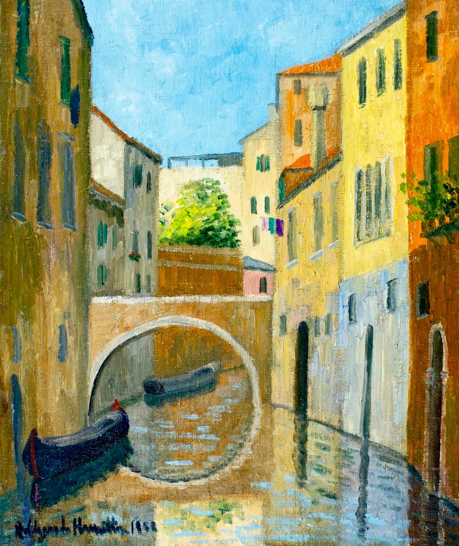 Hildegarde Hamilton (FL,VA,1898-1970) oil painting: ARTIST: Hildegarde Hume Hamilton (Florida, Virginia, 1898 - 1970) TITLE: Venice Canal Cityscape with Gondolas MEDIUM: oil on canvas CONDITION: Unstretched (In-House stretc