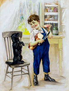 Charles Relyea (NY,1863-1932) gouache painting antique: ARTIST: Charles Mark Relyea (New York, 1863 - 1932) NAME: Boy with Dog - The Beggar MEDIUM: gouachel on board CONDITION: Very good. Framed under glass. No visible inpaint under UV light.