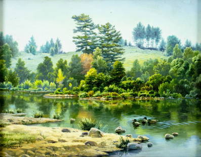 Mike Jaroszko (Canada,US,20/21C) oil painting: ARTIST: Mike Jaroszko (Canadian, American, 20/21 centuries) TITLE: River Landscape with Ducks MEDIUM: oil on board CONDITION: Few minor scratches/paint losses mostly along t
