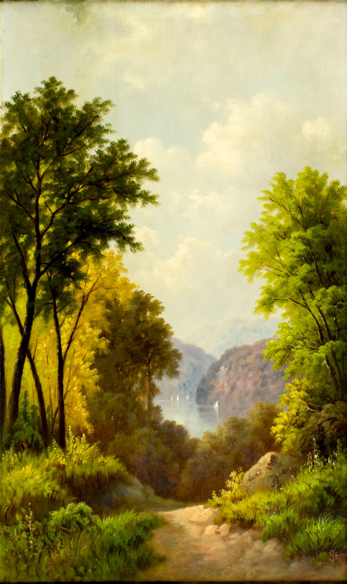 Antique 19C American oil painting signed: ARTIST: - (American, 19 century) TITLE: Lake Landscape YEAR: 1884 MEDIUM: oil on canvas CONDITION: Relined. Few minor paint losses. Some craquelure. So