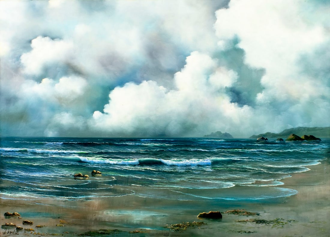 Jesus Bastida (Spain,1936-?) oil painting: ARTIST: Jesus Bastida (Spanish, 1936 - ???) TITLE: Cloudy Seascape MEDIUM: oil on canvas CONDITION: Unstretched (In-House stretching available). Overall good. No visible i