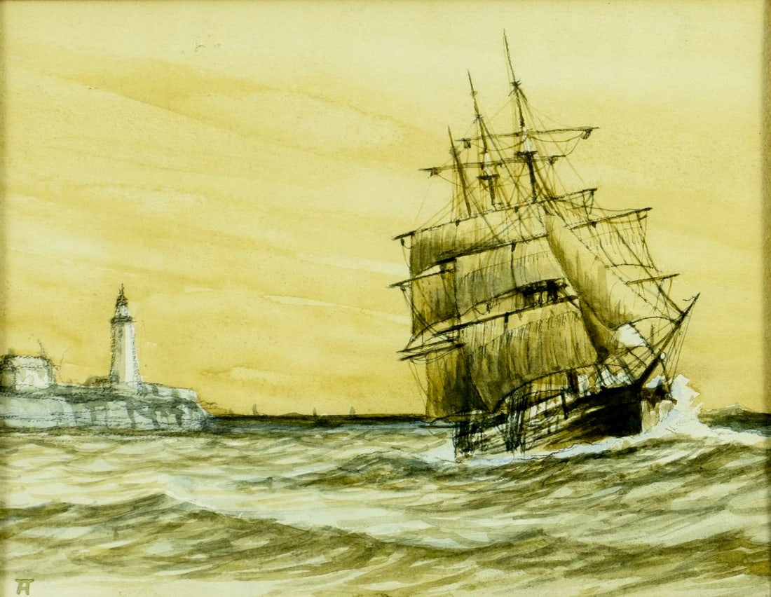 Frederick Tordoff (NJ,UK,1939-2022) watercolor painting: ARTIST: Frederick Tordoff (New Jersey, United Kingdom, 1939 - 2022) TITLE: Sail Ship MEDIUM: watercolor on paper CONDITION: Some age toning. Framed under glass. Some small