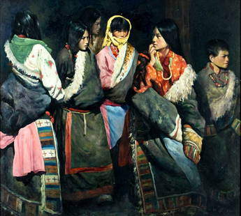 Vintage 20C Mongolian oil painting: ARTIST: - (Mongolia, 20 century) TITLE: Mongolian Women YEAR: 1995 MEDIUM: oil on canvas CONDITION: Few very minor paint losses. No visible inpaint und