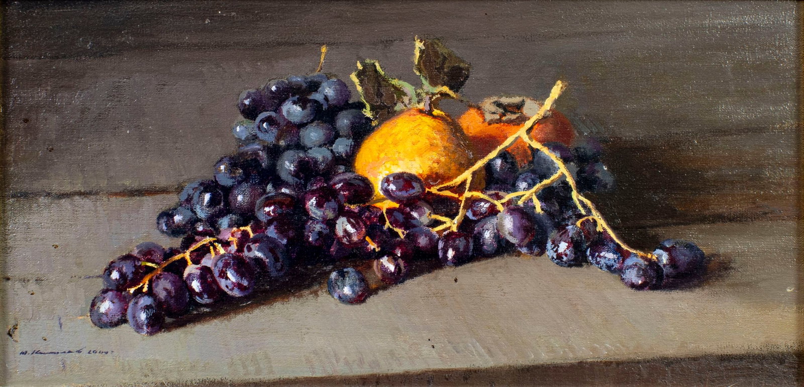 Yuriy Nikolaev (Russia,b 1964) oil painting: ARTIST: Yuriy Viktorovich Nikolaev (Russian, born 1964) TITLE: Still Life with Grapes (titled on verso) YEAR: 2000 MEDIUM: oil on canvas CONDITION: Few m